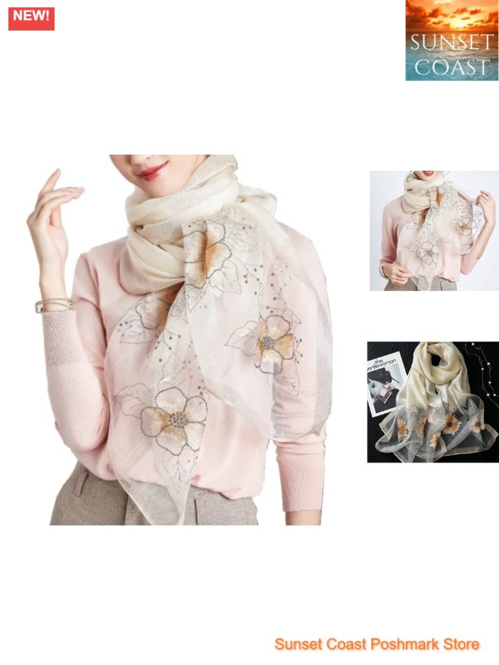 Mulberry Silk Blend Long Embroidered Floral Scarf Shawl Wrap Neckerchief